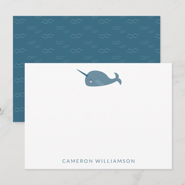 Cute Narwhal i Blue Personlig Baby och Kids Anteckningskort (Fram/baksida)