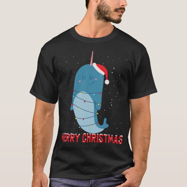 Cute narwhal Julgran Ljus T Shirt (Framsida)