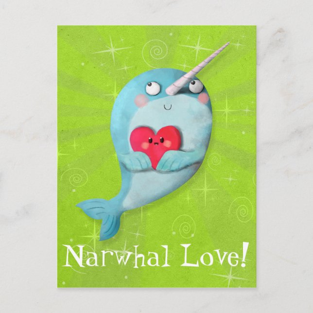 Cute Narwhal med hjärta Vykort (Framsida)