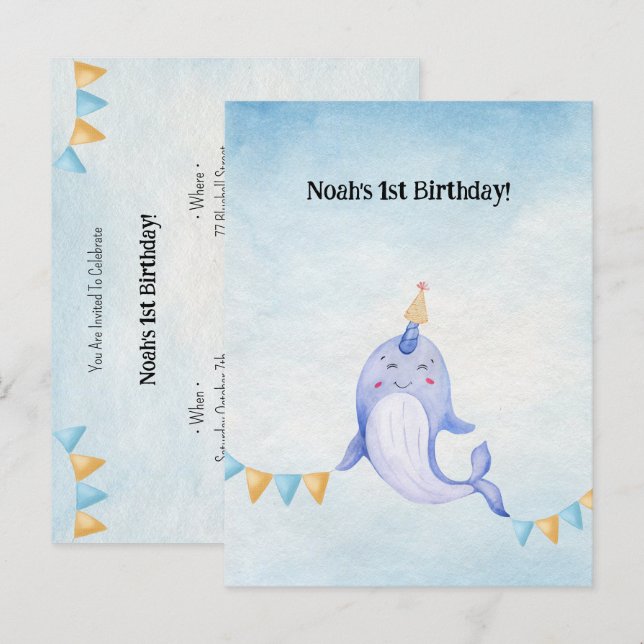 Cute Narwhal Ocean Theme Narwal Birthday Invite Vykort (Fram/baksida)