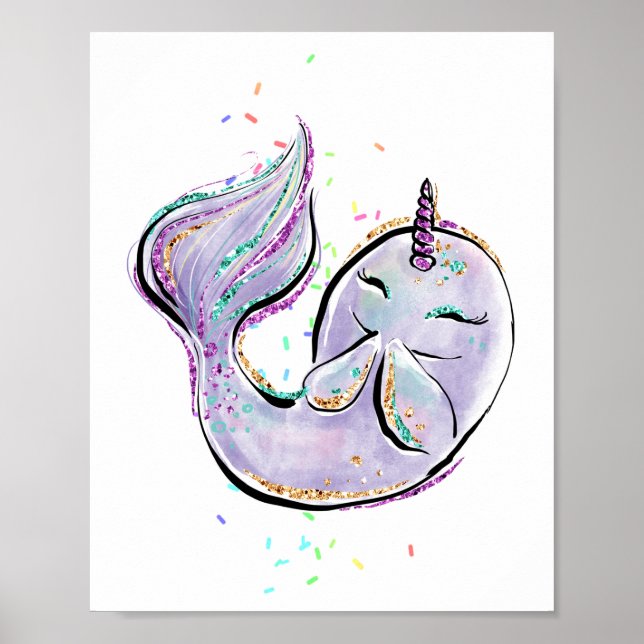 Cute Narwhal Tecknad Kawaii Illustration Add Namn Poster (Framsidan)