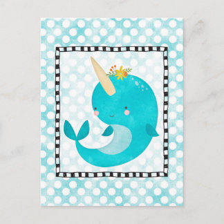 Cute Narwhal - Turcoise Aqua Whale Vykort