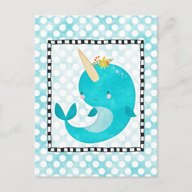Cute Narwhal - Turcoise Aqua Whale Vykort (Framsida)