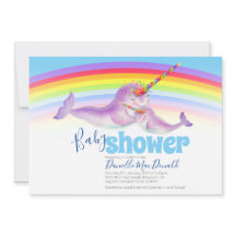 Cute narwhval regnbåge babydusch blå röd