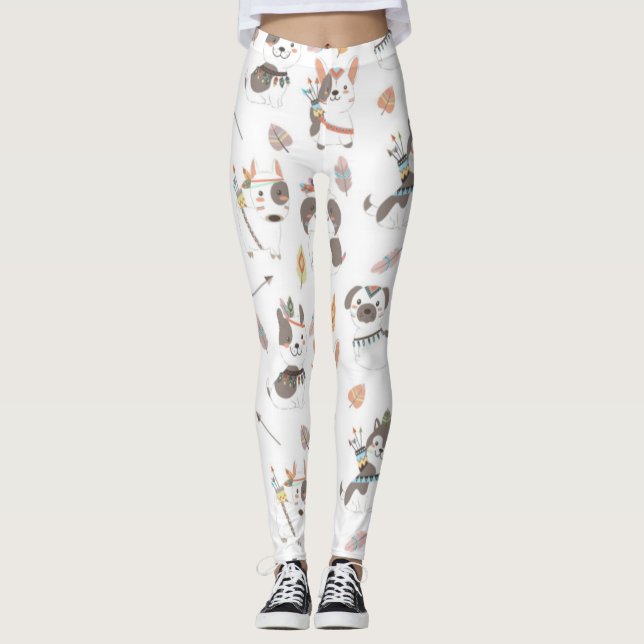 Cute Native American Puppy Mönster Leggings (Framsida)
