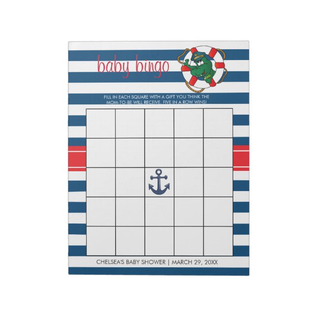 Cute Nautical Alligator Baby Shower Bingo Game Anteckningsblock (Roterad)