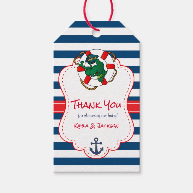 Cute Nautical Alligator Baby Shower Tack Presentetikett (Framsidan)