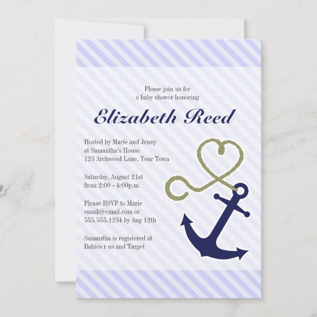 Cute Nautical Baby Shower Anchor with Heart Rope Inbjudningar (Framsida)
