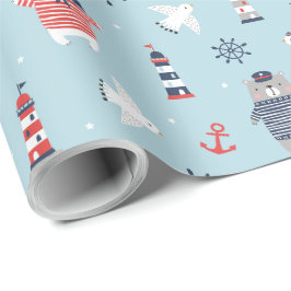 Cute Nautical Bears, Fiskmås och fyr blue Presentpapper