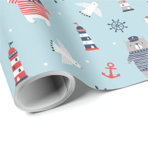 Cute Nautical Bears, Fiskmås och fyr blue Presentpapper