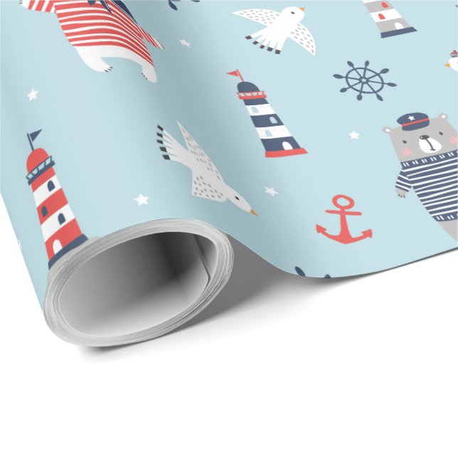 Cute Nautical Bears, Fiskmås och fyr blue Presentpapper (Rullad Hörn)