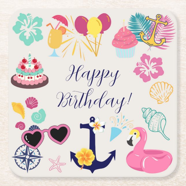 Cute Nautical Birthday Underlägg Papper Kvadrat (Framsidan)