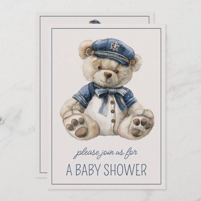 Cute Nautical Blue Baby Bear Personlig Inbjudningar (Fram/baksida)
