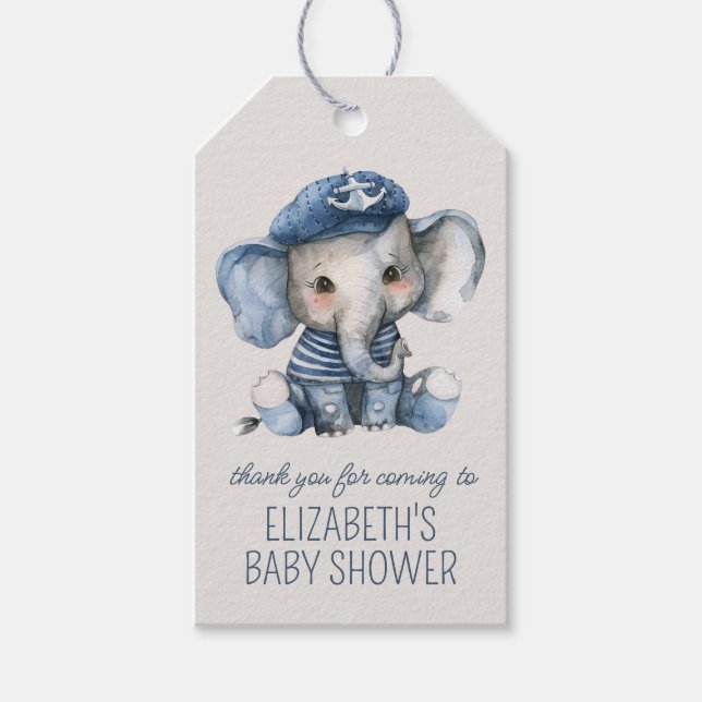 Cute Nautical Blue Baby Elephant Baby Shower Presentetikett (Framsidan)