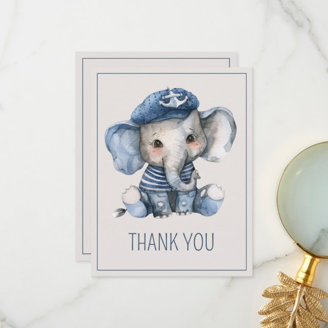 Cute Nautical Blue Baby Elephant Baby Shower Tack Kort (Fram/Back In Situ)