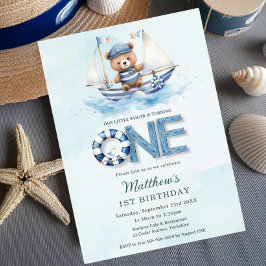 Cute Nautical Blue Boat Nalle 1:a födelsedagen Inbjudningar