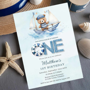 Cute Nautical Blue Boat Nalle 1:a födelsedagen Inbjudningar