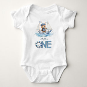 Cute Nautical Blue Boat Nalle 1:a födelsedagen T Shirt