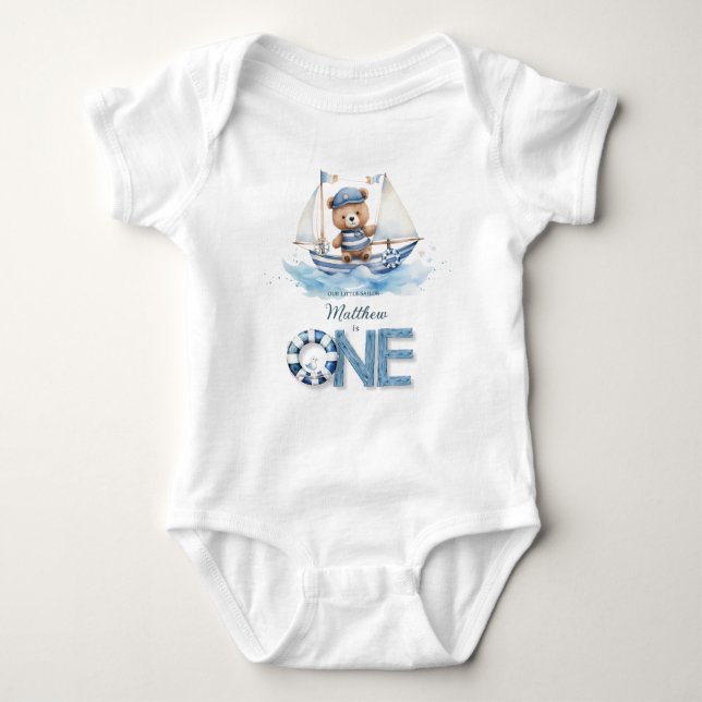 Cute Nautical Blue Boat Nalle 1:a födelsedagen T Shirt (Framsida)