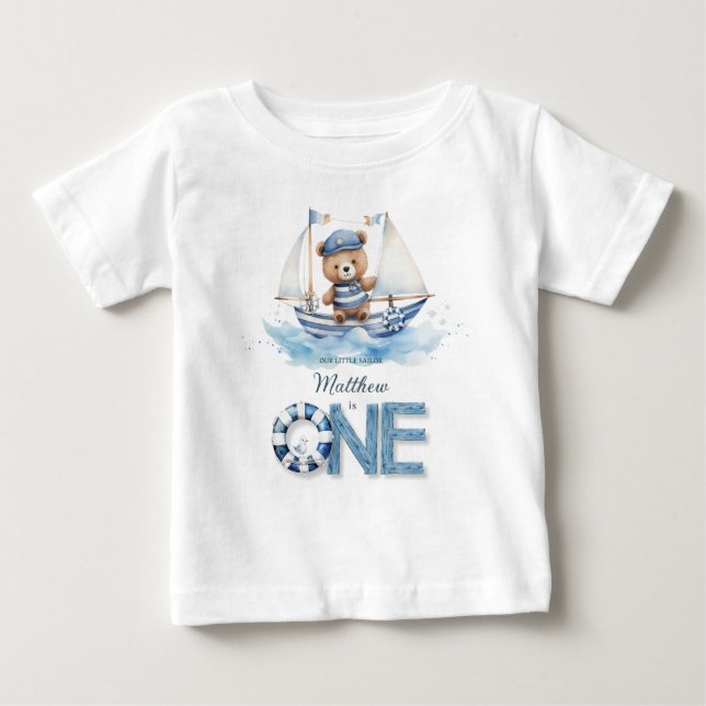 Cute Nautical Blue Boat Nalle 1:a födelsedagen T Shirt (Framsida)