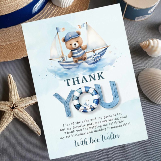 Cute Nautical Blue Boat Nalle Boy Birthday Tack Kort (Skapare uppladdad)