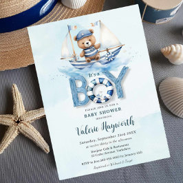 Cute Nautical Blue Boat Nalle Boy Shower Inbjudningar