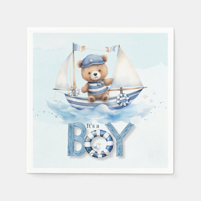 Cute Nautical Blue Boat Nalle Boy Shower Pappersservett (Framsidan)