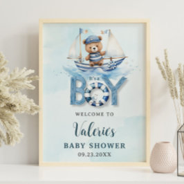 Cute Nautical Blue Boat Nalle Boy Shower Poster