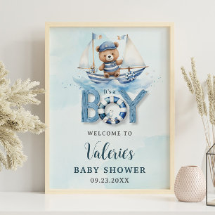 Cute Nautical Blue Boat Nalle Boy Shower Poster