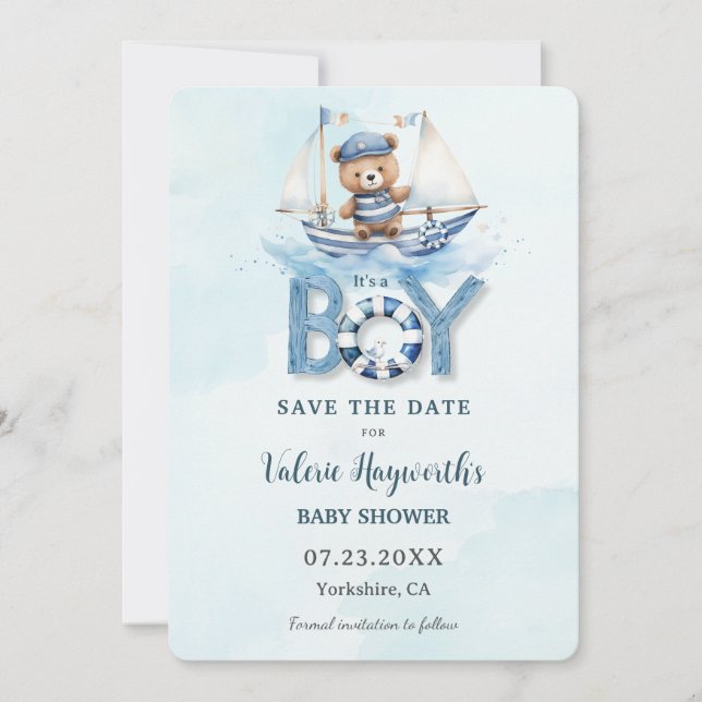 Cute Nautical Blue Boat Nalle Boy Shower Spara Datumet (Framsida)