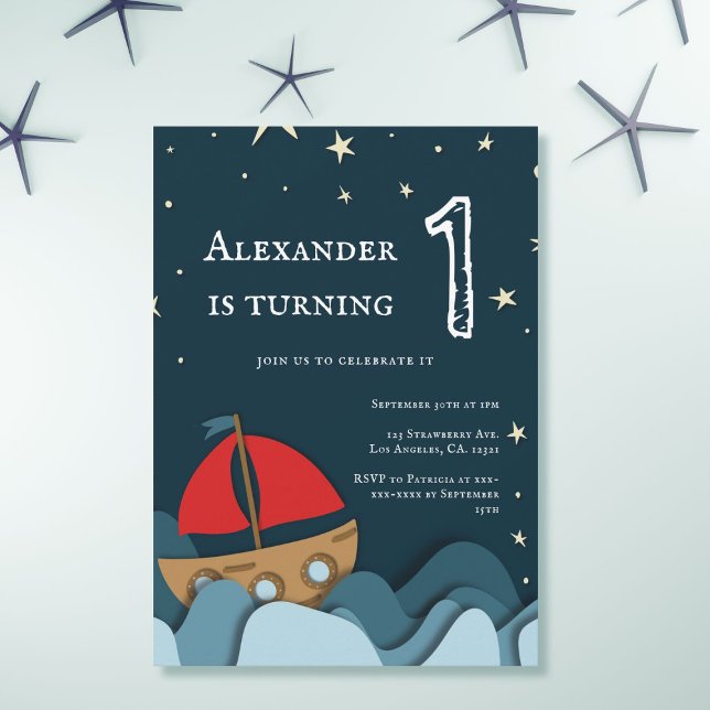 Cute Nautical Blue Sailboat Boy First Birthday Inbjudningar (Skapare uppladdad)