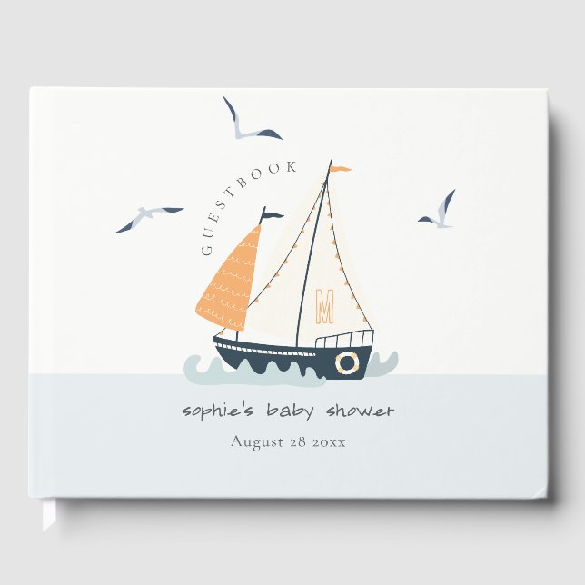 Cute Nautical Blue Sailboat Pastel Baby Shower Gästböcker (Framsida)