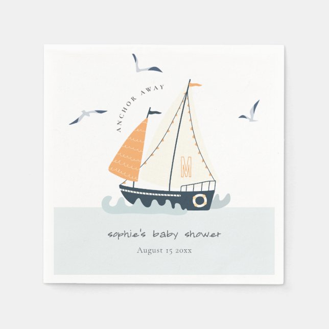 Cute Nautical Blue Sailboat Pastel Baby Shower Pappersservett (Framsidan)