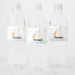 Cute Nautical Blue Sailboat Pastel Baby Shower Vattenflaskor Etikett
