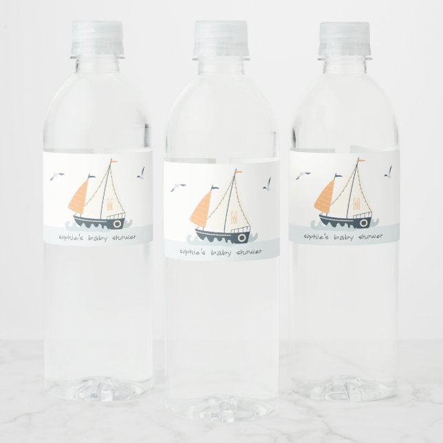 Cute Nautical Blue Sailboat Pastel Baby Shower Vattenflaskor Etikett (Flaskor)