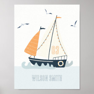 Cute Nautical Blue Sailboat Pastel Kids Nursery Poster