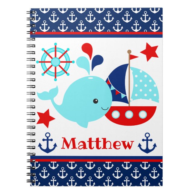 Cute Nautical Blue Whale och Anchors Mönster Anteckningsbok (Framsidan)