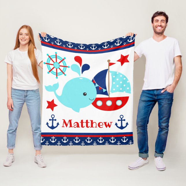 Cute Nautical Blue Whale och Anchors Mönster Fleecefilt (På plats)