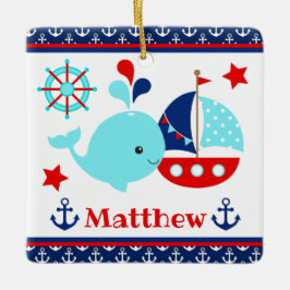 Cute Nautical Blue Whale och Anchors Mönster Julgransprydnad Keramik