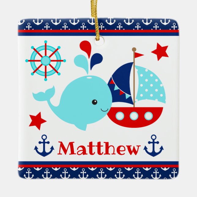 Cute Nautical Blue Whale och Anchors Mönster Julgransprydnad Keramik (Framsida)