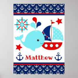 Cute Nautical Blue Whale och Anchors Mönster Poster