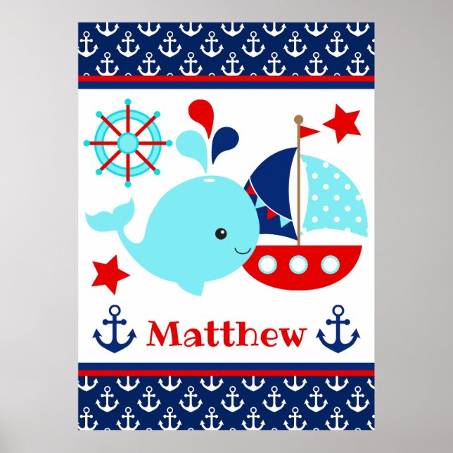 Cute Nautical Blue Whale och Anchors Mönster Poster (Framsidan)