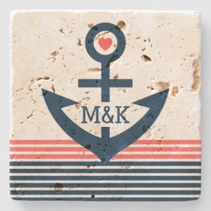 Cute Nautical Boat Anchor &Blue & Coral Rand Underlägg Sten