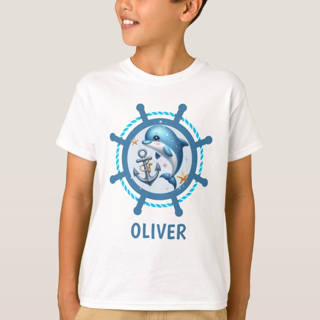 Cute Nautical Dolphin & Anchor in Frakt Wheel T Shirt (Framsida)