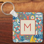 Cute Nautical Life Monogram Nyckelring<br><div class="desc">Den här söta,  monogrammade nyckelkedjan har en roligt av havslivet mönster i fraktaser,  fiskmås,  segelbåtar,  livskonserver,  hummer och mycket annat i skuggor av rött,  vitt,  blått och gult. Anpassa monogrammet på framsidan med ditt första och baksida med ditt speciella textval.</div>