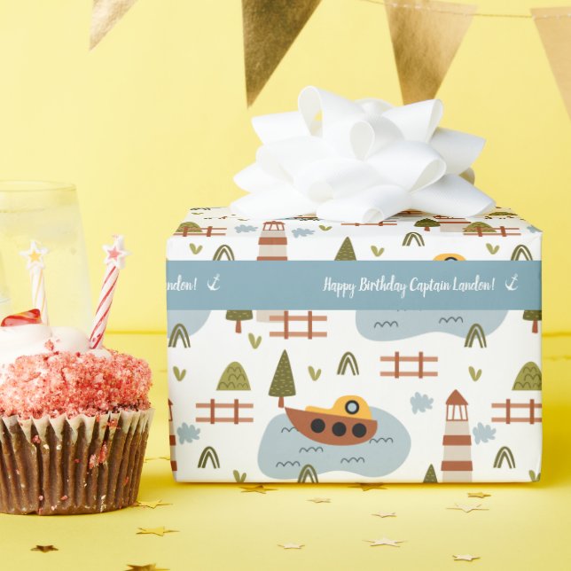 Cute Nautical Lighthouse och Boat Kid Mönster Presentpapper (Födelsedagsfest)