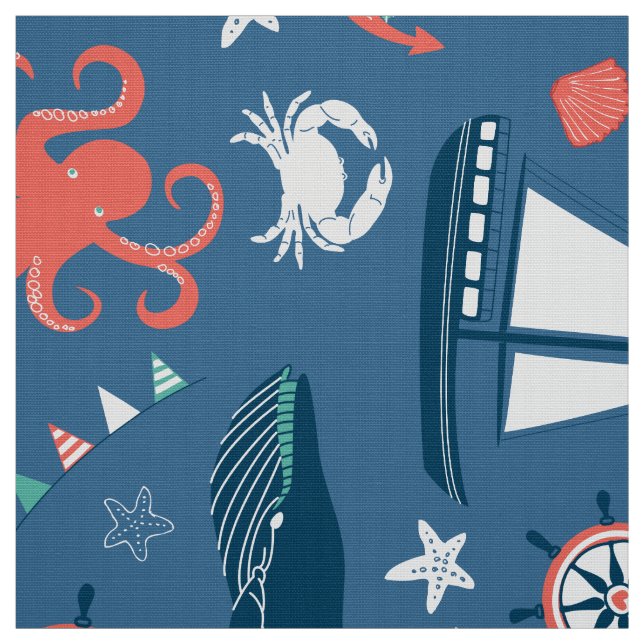 Cute Nautical Mönster Navy Blue Background Tyg (Provkarta)