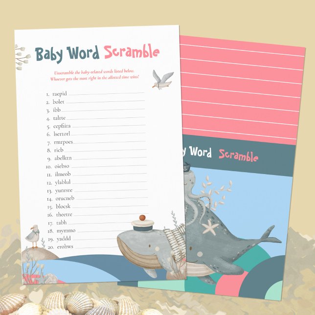 Cute Nautical Ord Scramble Rosa Baby Shower-spel (Cute Nautical Whale Squid Pink Baby Shower Game ©Susanne Sachers - Sunny Mind Design 🌞)