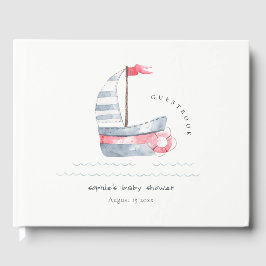 Cute Nautical Pastel Red Blue Sailboat Shower Gästböcker