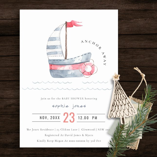 Cute Nautical Pastel Red Blue Sailboat Shower Inbjudningar (Skapare uppladdad)